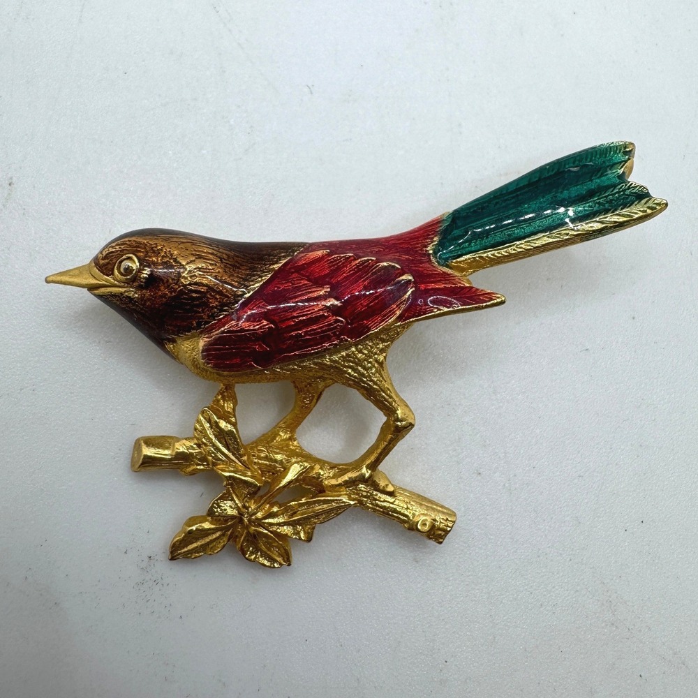 Vintage Sphinx Gold Tone Multi Color Enamel Bird on Branch Brooch Pin Signed